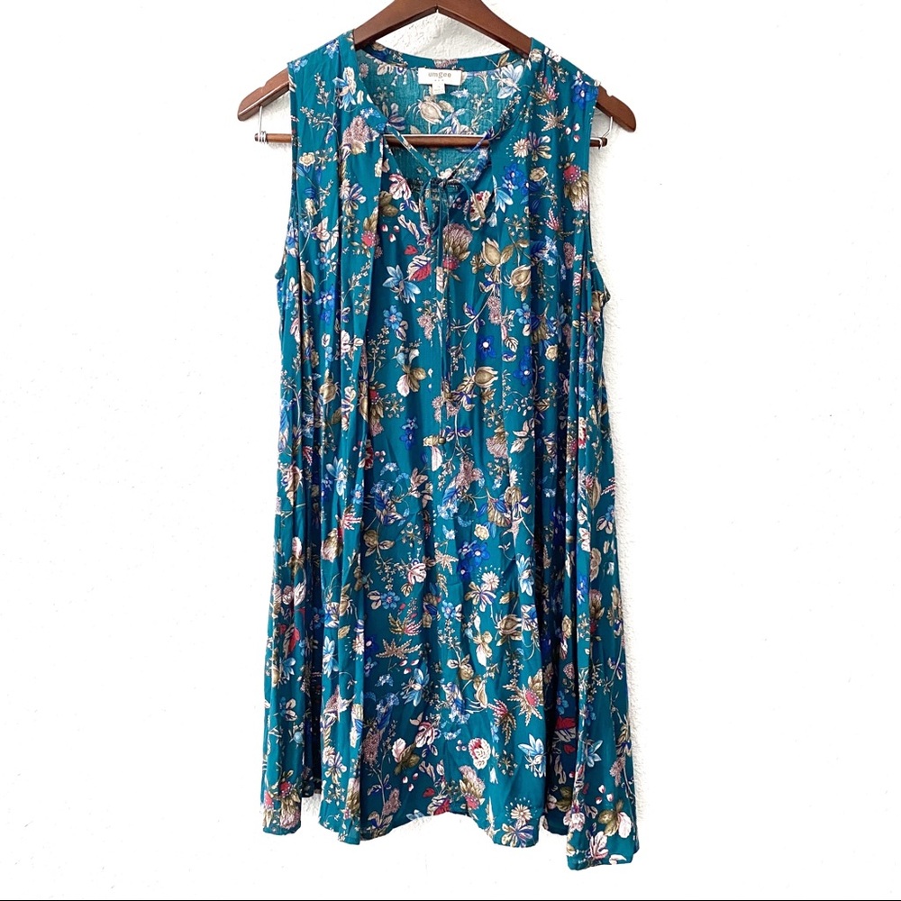 Umgee Teal Floral Sleeveless Flowy Boho Dress S